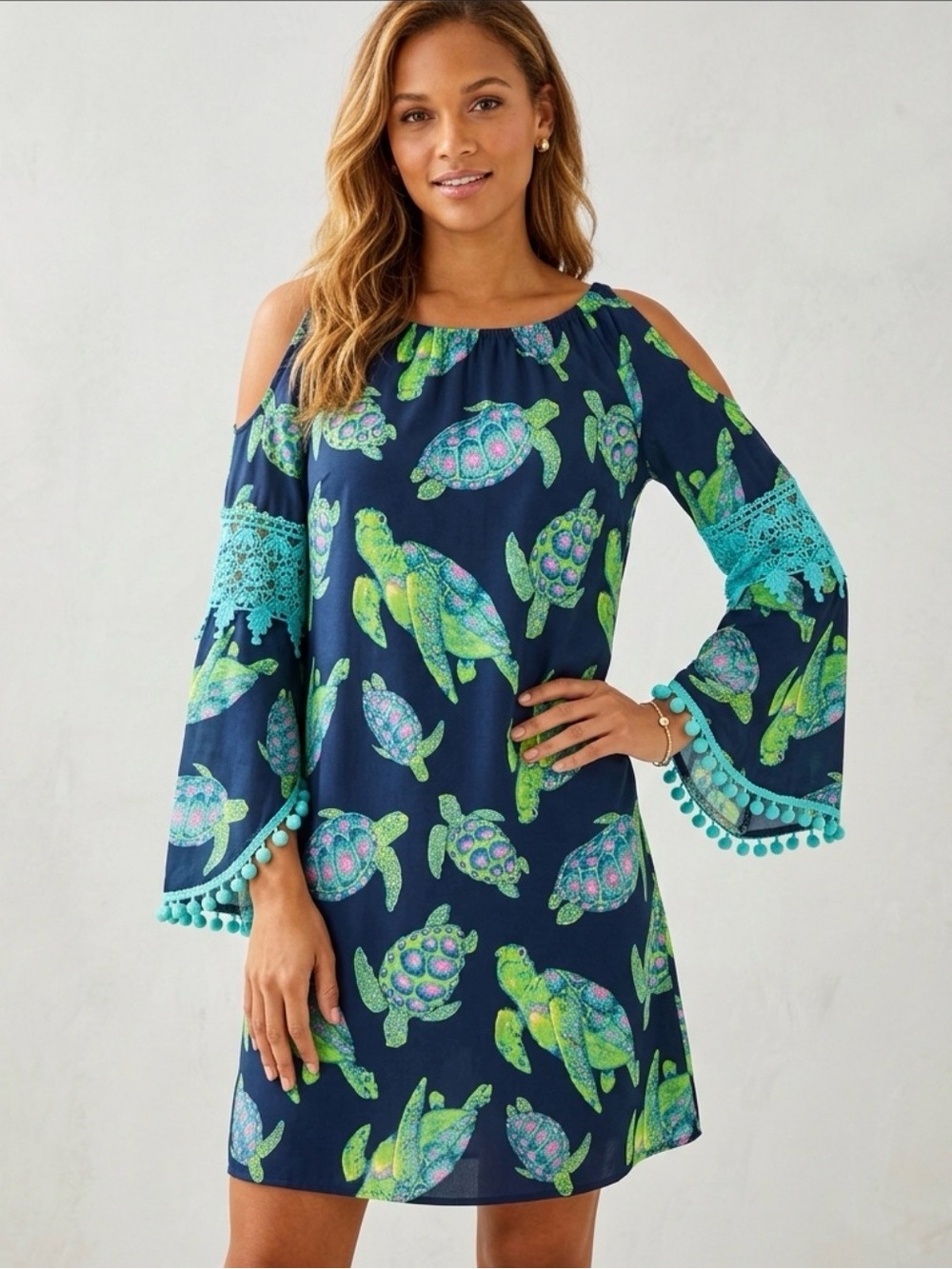Simply Southern Navy A-Line Skirt with Lime & Aqua Turtle Print PTP 18’+ L 35’